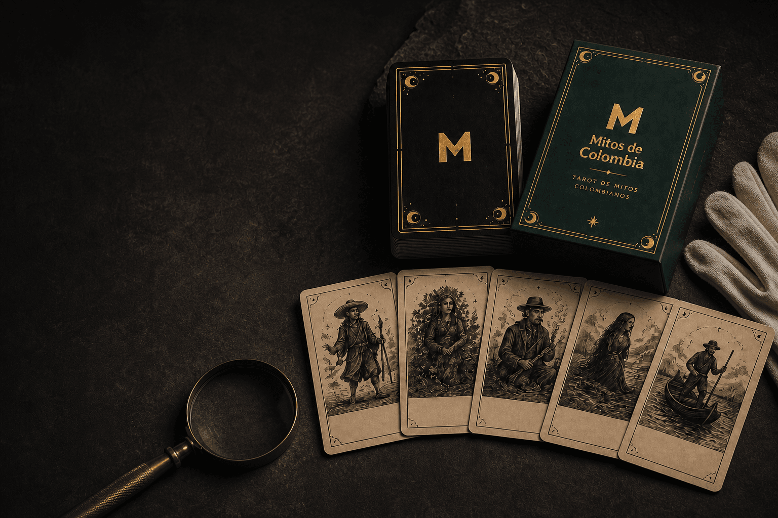 Escena editorial provisional de la baraja de Mitos de Colombia preparada para observar el detalle de sus ilustraciones.