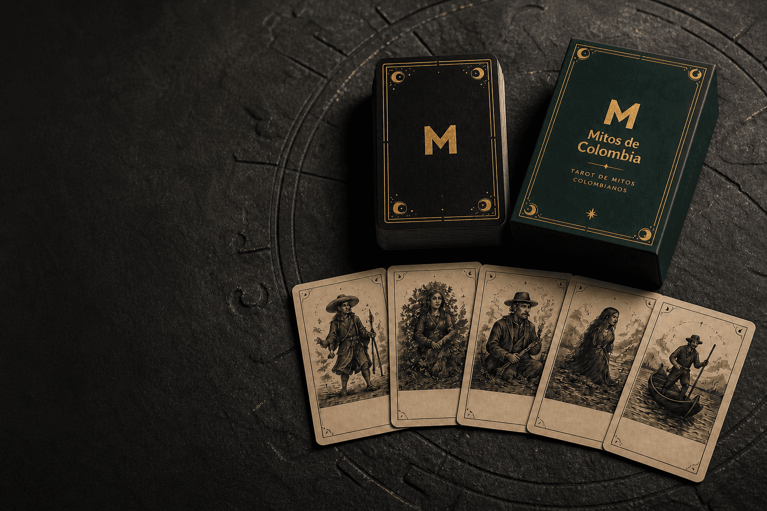 Escena editorial provisional de la baraja de Mitos de Colombia dispuesta para revisar sus cartas antes de comprar.