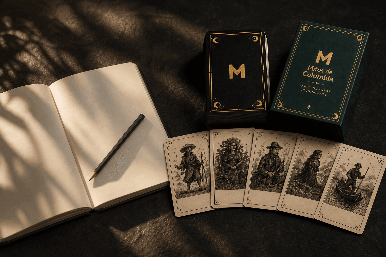 Escena editorial provisional de la baraja de Mitos de Colombia junto a un cuaderno abierto para observar y escribir.
