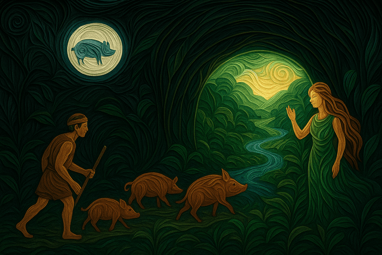 Ilustracion de a transformación del hombre que no podía cazar