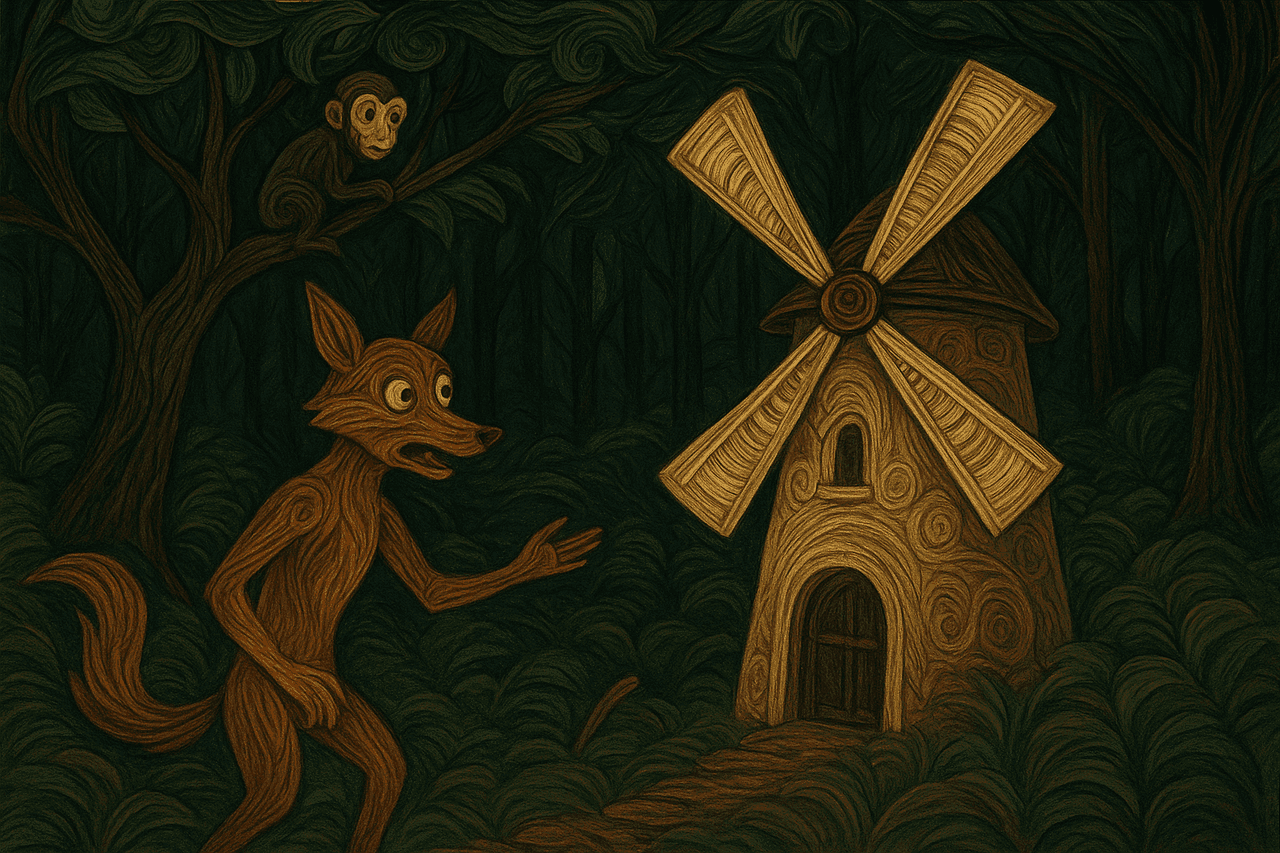 Ilustracion de Beda Nansi, Beda Monkey y el Molino