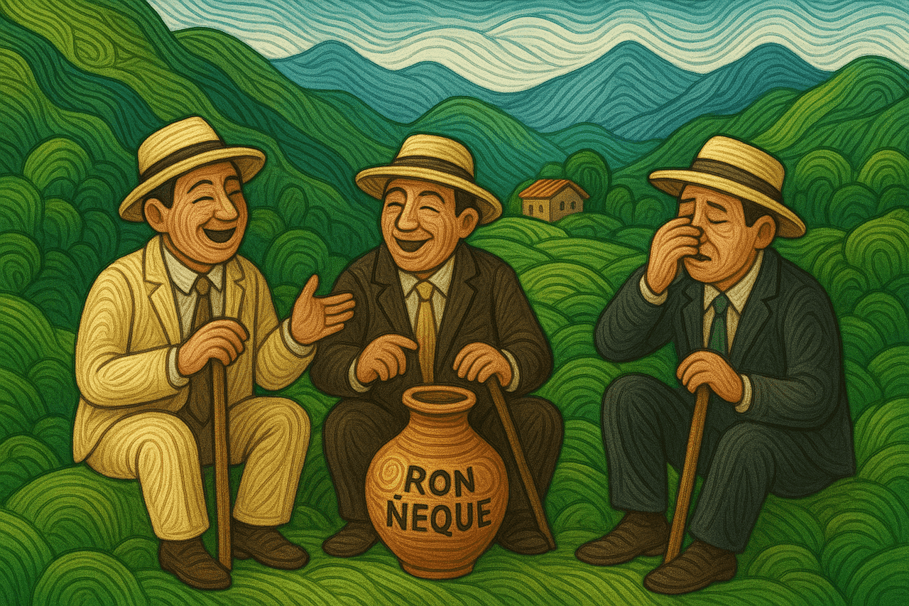 Ilustración de Los tres cachacos y la cantara de Ron Ñeque