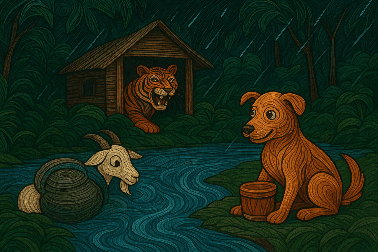 Ilustración de Un perro, una cabra y Beda Tiger