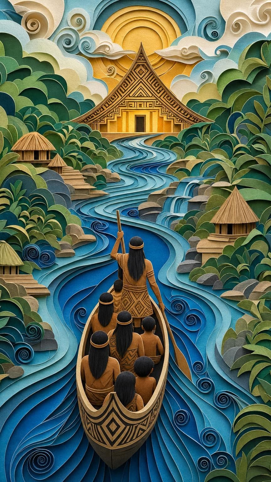 La Canoa de Transformación y el origen de los pueblos: segunda escena del relato